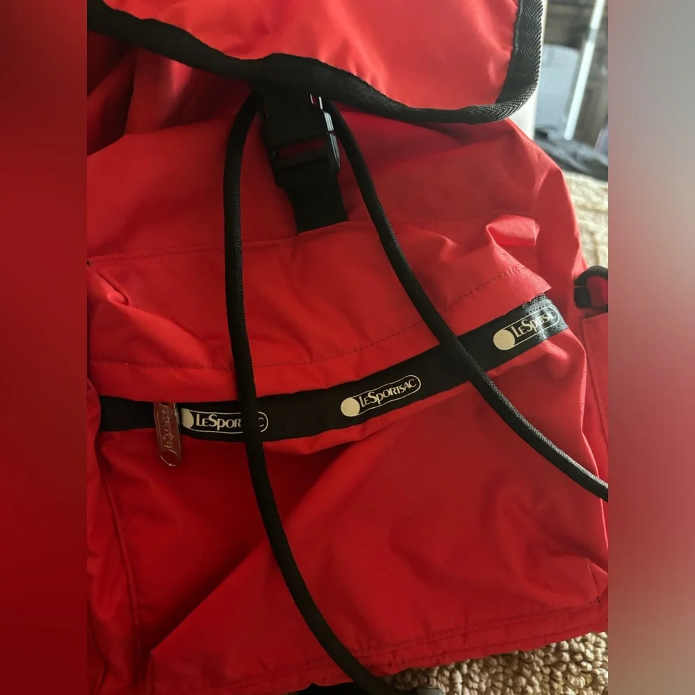Lesportsac Red Nylon Backpack with Black Trim and Front Pockets - Picture 5 of 8